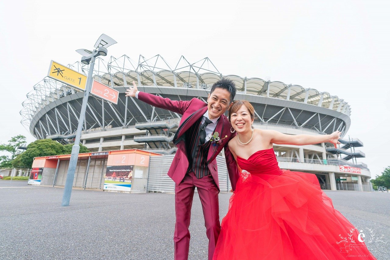 カシマスタジアム　前撮り　フォトウェディング　洋装　サッカー　ファン　鹿島　水戸　エクラ